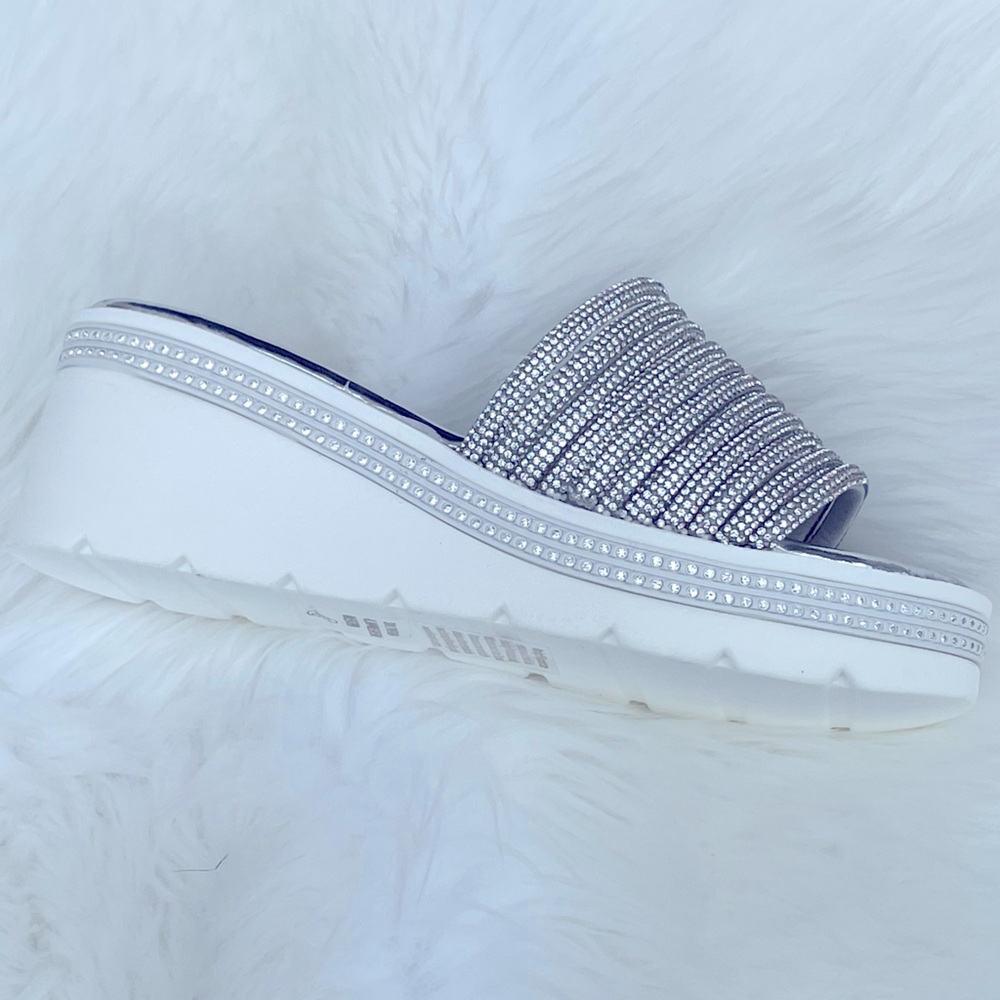 Restock!  White Platform Silver Rhinestone Embellished Wedge Slide-In Sandals - Picture 6 of 12